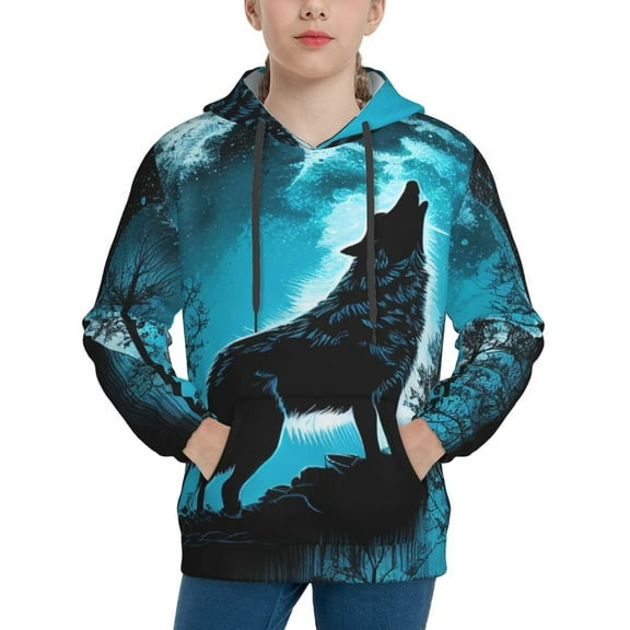 Fotbe Blue Full Moon Wolf Pattern Youth Pullover Hooded Sweatshirt, Boys Hoodie, Kangaroo Pocket Hoodie for Kids Girls -Small