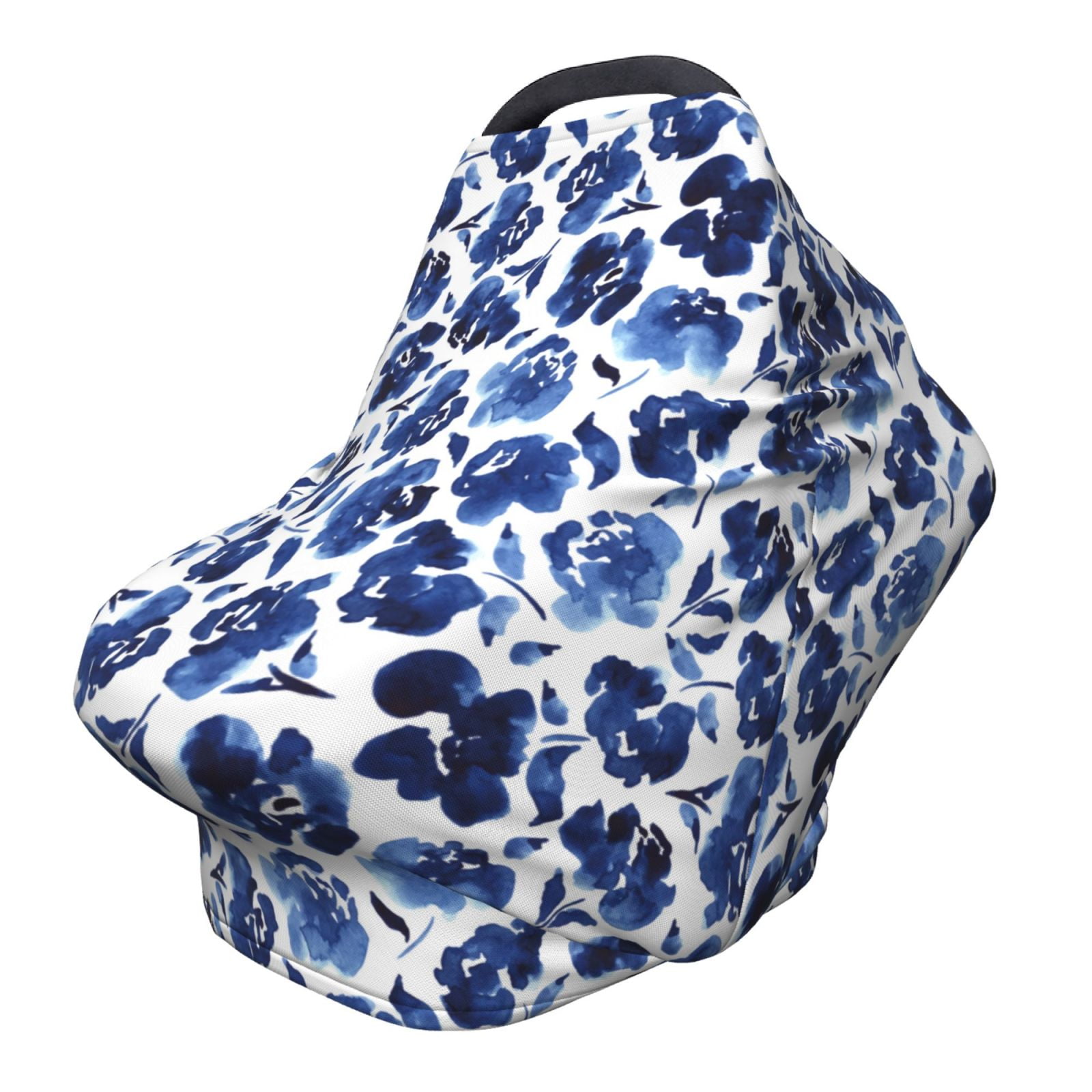Fotbe Blue Ink Flowers Pattern Car Seat Covers for Babies, Nursing Breastfeeding Cover Infant Carseat Canopy, Soft Stretchy Carrier Cover
