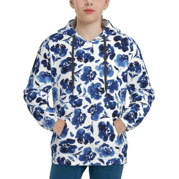 Fotbe Blue Ink Flowers Pattern Youth Pullover Hooded Sweatshirt, Boys Hoodie, Kangaroo Pocket Hoodie for Kids Girls -X-Large