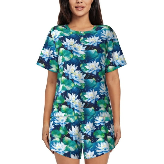 Fotbe Blue Lotus Flower Print Pajama Set for Women 2 Piece Loungewear Short Sleeve Tops and Shorts Set Soft Sleepwear-4X-Large