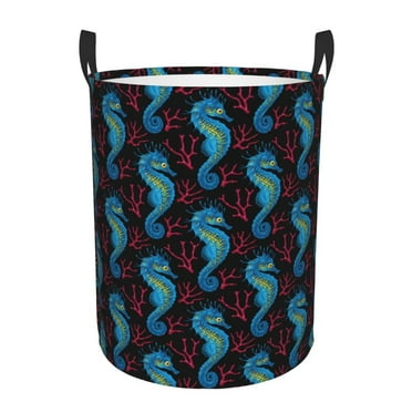 Fotbe Blue Seahorse Laundry Basket with Handles, Waterproof Large Laundry Hamper, Wash Bag for Corner Dorm, Rolling Laundry Basket with Handles-Small