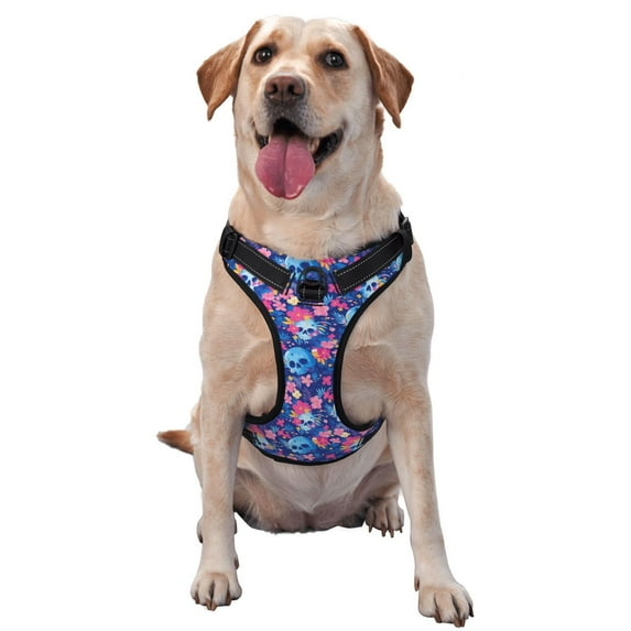 Fotbe Blue Skull Flower Pattern Dog Harness, No-Pull Pet Harness with 2 Leash Clips, Adjustable Soft Padded Dog Vest with Easy Control Handle for Large Dogs-X-Large