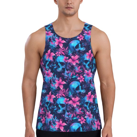 Fotbe Blue Skull Flower Pattern Men's Quick Dry Workout Tank Top Gym Muscle Tee Fitness Bodybuilding Sleeveless T Shirt Breathable Workout Shirt-4X-Large