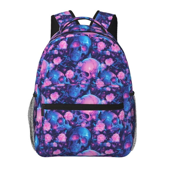 Fotbe Blue Skull Rose Pattern Casual Backpack for School, Travel, and Outdoor Activities - Durable, Lightweight, and Comfortable