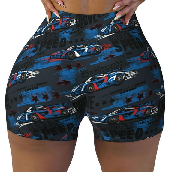 Fotbe Blue Sports Car Seamless Shorts, Womens Workout Shorts High Waist Stretch Booty Short for Gym/Yoga/Running/Biking-Large