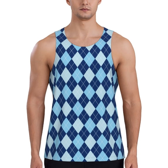 Fotbe Blue Squares Pattern Men's Quick Dry Workout Tank Top Gym Muscle Tee Fitness Bodybuilding Sleeveless T Shirt Breathable Workout Shirt-4X-Large
