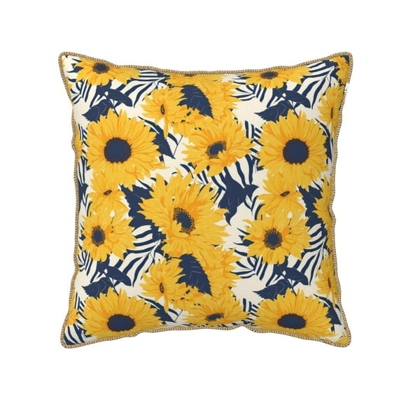 Fotbe Blue Striped Sunflower Pattern Velvet Decorative Throw Pillow Covers with Elegant Piping, Soft Plush Cushion Cover for Sofa, Bed, Car, Office-16"x16"
