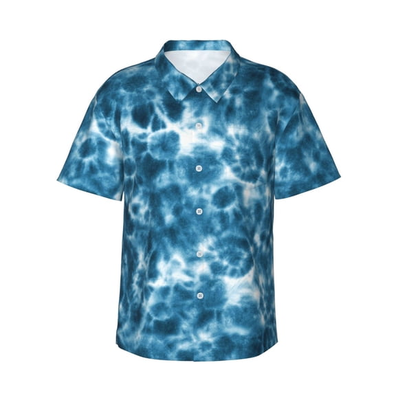 Fotbe Blue Tie Dye Hawaiian Shirt for Men Unisex Summer Beach Casual Short Sleeve Cotton Linen Button Down Shirts-Large