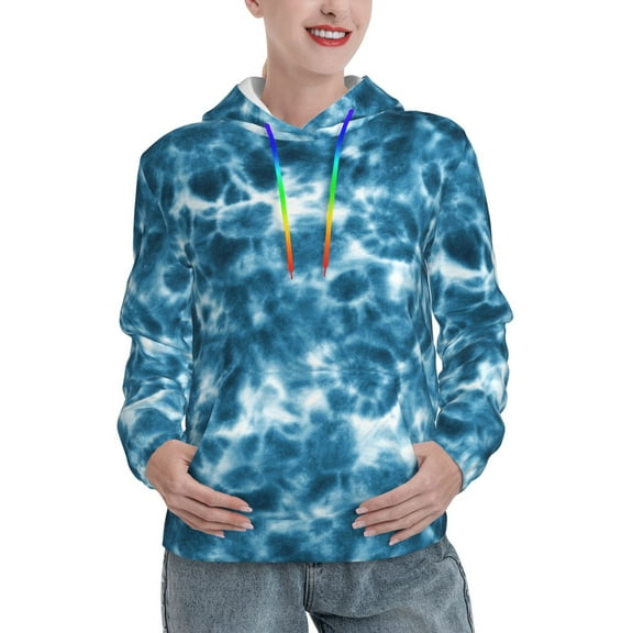 Fotbe Blue Tie Dye Pattern Womens Long Sleeve Hoodie, Pullover Hooded Sweatshirt, Kangaroo Pocket Hoodie with Eye-catching Drawstrings-Small