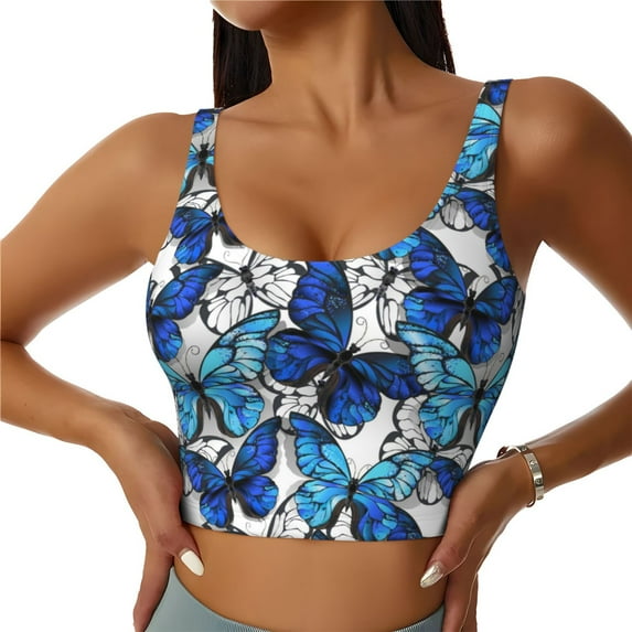 Fotbe Blue and White Butterflies Pattern Womens' Sports Bra Longline Wirefree Padded with Medium Support Sports Moisture-Wicking Workou Vest,Tank Top-X-Large