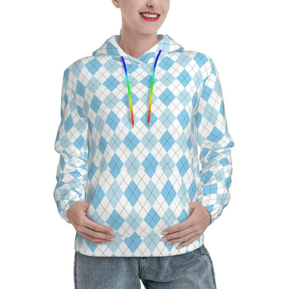 Fotbe Blue and White Squares Pattern Womens Long Sleeve Hoodie, Pullover Hooded Sweatshirt, Kangaroo Pocket Hoodie with Eye-catching Drawstrings-Small