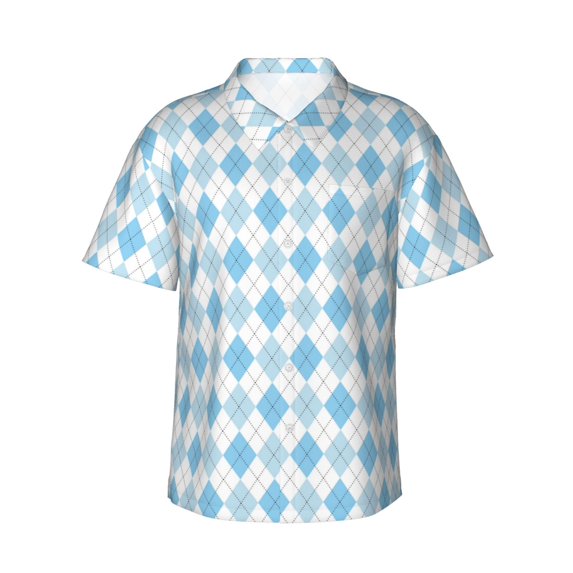Fotbe Blue and White Squares Hawaiian Shirt for Men Unisex Summer Beach Casual Short Sleeve Cotton Linen Button Down Shirts-XX-Large