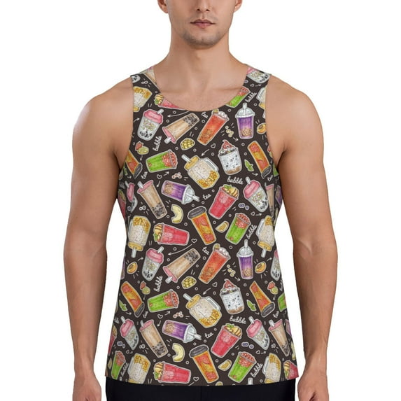 Fotbe Boba Milk Tea Pattern Men's Quick Dry Workout Tank Top Gym Muscle Tee Fitness Bodybuilding Sleeveless T Shirt Breathable Workout Shirt-4X-Large