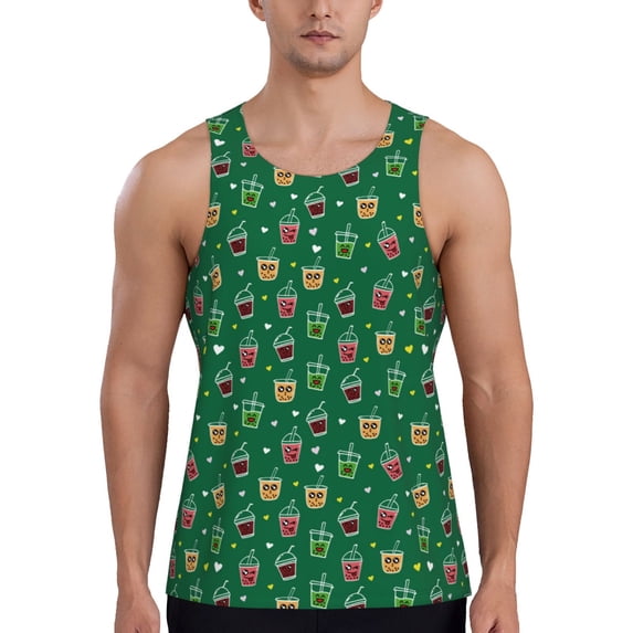 Fotbe Boba Milk Tea Pattern Men's Quick Dry Workout Tank Top Gym Muscle Tee Fitness Bodybuilding Sleeveless T Shirt Breathable Workout Shirt-4X-Large