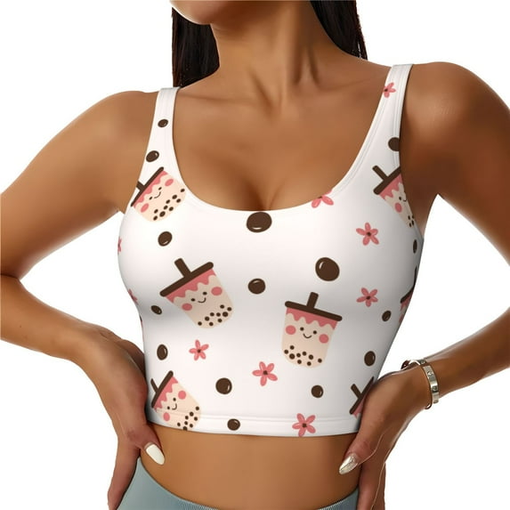 Fotbe Boba Milk Tea Pattern Womens' Sports Bra Longline Wirefree Padded with Medium Support Sports Moisture-Wicking Workou Vest,Tank Top-Small