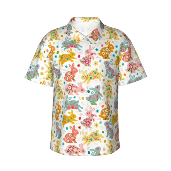 Fotbe Boho Bunny Hawaiian Shirt for Men Unisex Summer Beach Casual Short Sleeve Cotton Linen Button Down Shirts-X-Large