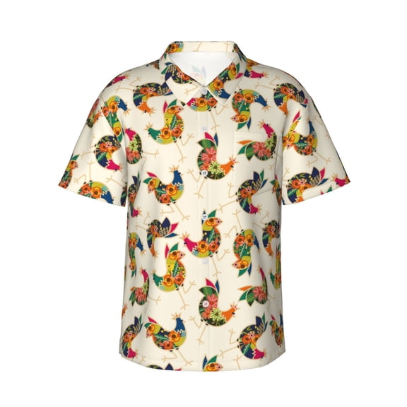 Fotbe Boho Chicken Hawaiian Shirt for Men Unisex Summer Beach Casual Short Sleeve Cotton Linen Button Down Shirts-X-Large