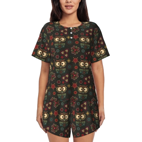 Fotbe Boho Owl Print Pajama Set for Women 2 Piece Loungewear Short Sleeve Tops and Shorts Set Soft Sleepwear-Small