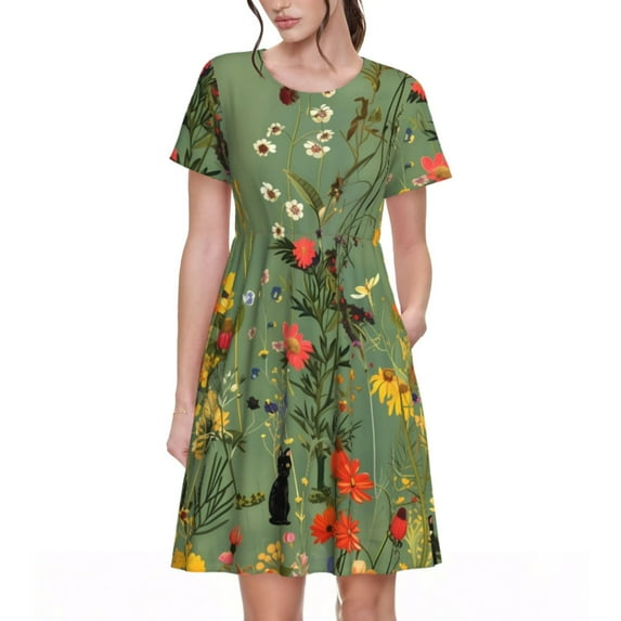 Fotbe Botanical Garden With Cats Pattern Dress Casual Womens Fashion Short Sleeve Maxi Dress T Shirt Dress Striped Long Color Block Maxi Dress