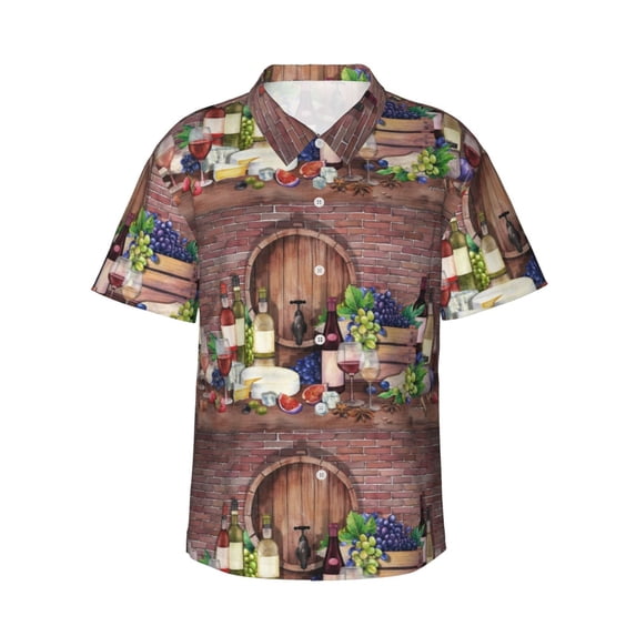 Fotbe Bottle Glass Red Wine Hawaiian Shirt For Men Unisex Summer Beach Casual Short Sleeve Cotton Linen Button Down Shirts-X-Large