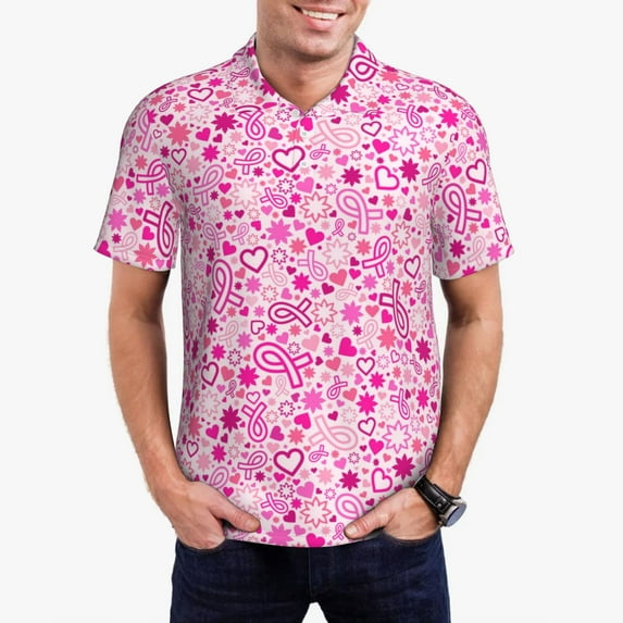 Fotbe Breast Cancer Awareness2 Pattern Men’s Golf Polo Shirt – Breathable Performance Golf Shirt with Button-Down Collar-Medium