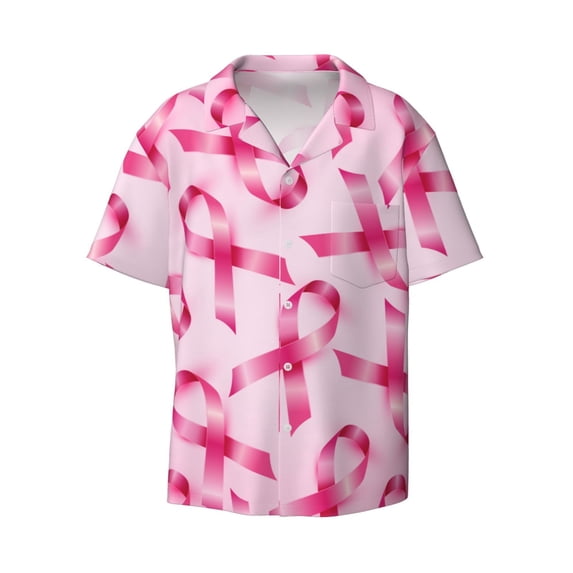 Fotbe Breast Cancer Ribbons Awareness print Short Sleeve Button Down Shirts for Men Casual Summer Beach Wrinkle Free Shirt-3X-Large