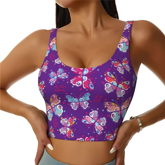 Fotbe Bright Butterflies Pattern Womens' Sports Bra Longline Wirefree Padded with Medium Support Sports Moisture-Wicking Workou Vest,Tank Top-Medium