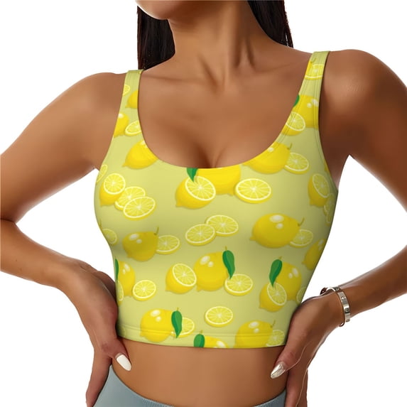 Fotbe Bright Lemons Pattern Womens' Sports Bra Longline Wirefree Padded with Medium Support Sports Moisture-Wicking Workou Vest,Tank Top-Medium