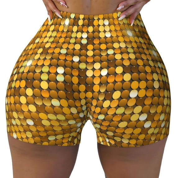 Fotbe Bright Shiny Golden Seamless Shorts, Womens Workout Shorts High Waist Stretch Booty Short for Gym/Yoga/Running/Biking-Small
