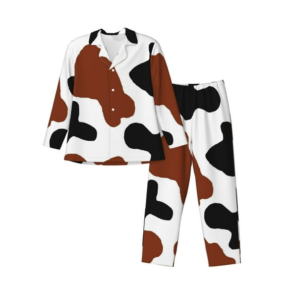 Fotbe Brown Black Cow Pattern Long Sleeve Pajama Set for Men,Sleepwear Set,2-piece Loungewear Set,Soft PJs Comfy Nightwear with Pockets-Large