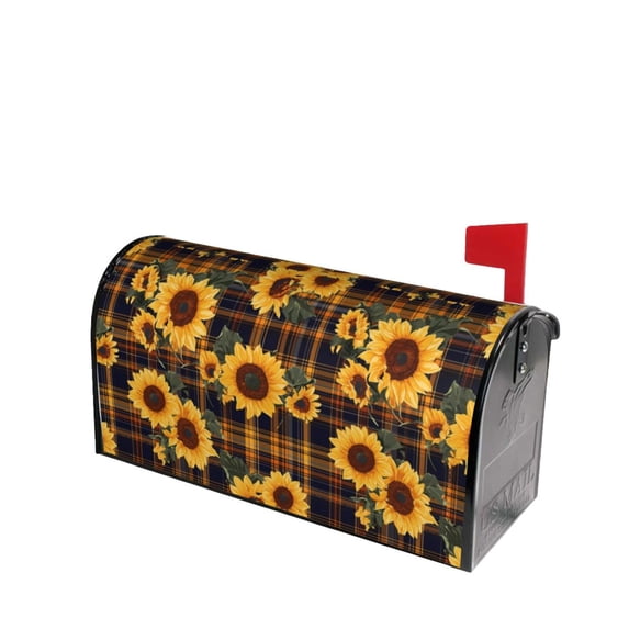 Fotbe Brown Blue Plaid Sunflower Mailbox Covers Post Letter Box Cover Garden Decor Standard Size-21x18 in