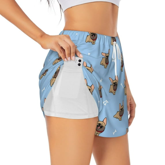 Fotbe Brown French Bulldog Womens High Waist Running Shorts Athletic Workout Quick Dry Shorts for Women with Pockets Gym Yoga Summer Shorts-Large
