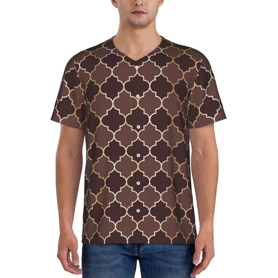Fotbe Brown Gold Grid Baseball Jersey Shirt for Men and Women, Casual Short Sleeves Button Down T-Shirt-Large