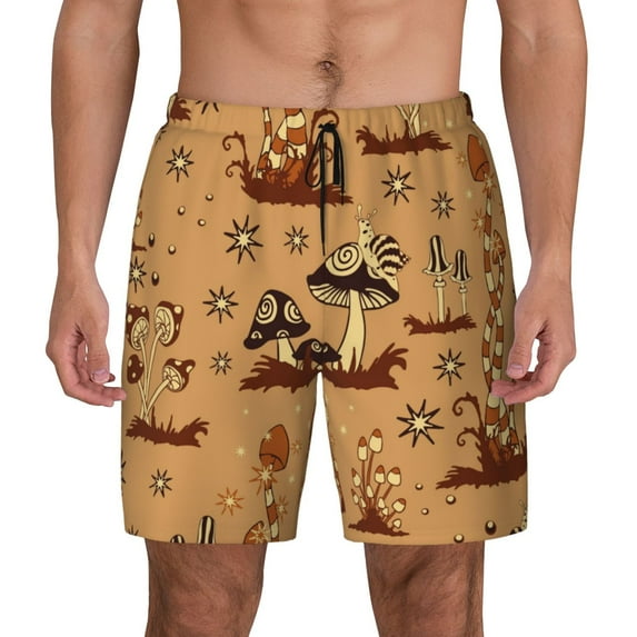 Fotbe Brown Mushrooms Men’s Swim Trunks Quick Dry Swim Shorts Board Shorts with Mesh Lining-Large