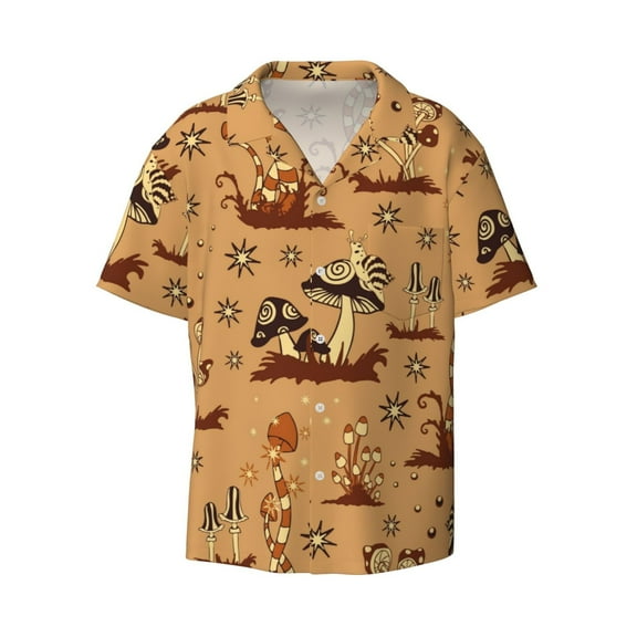 Fotbe Brown Mushrooms print Short Sleeve Button Down Shirts for Men Casual Summer Beach Wrinkle Free Shirt-Large