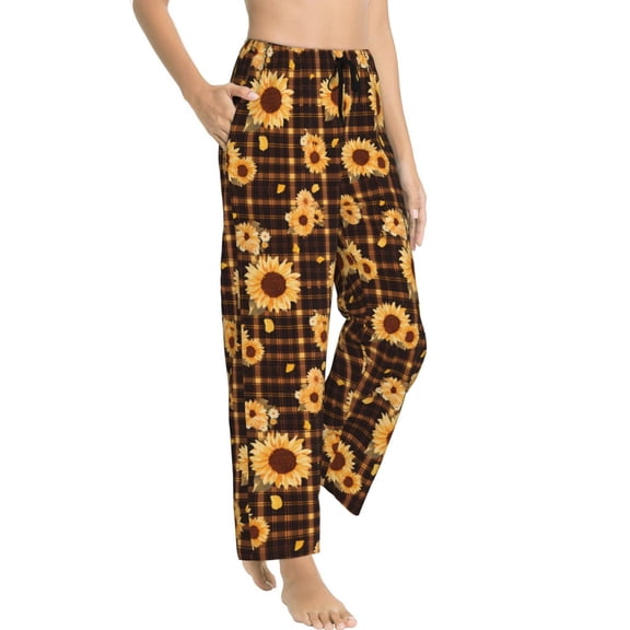 Fotbe Brown Plaid Sunflower Women's Pajama Pants,Sleepwear Pants,Pj Bottoms Drawstring And Pockets-Medium