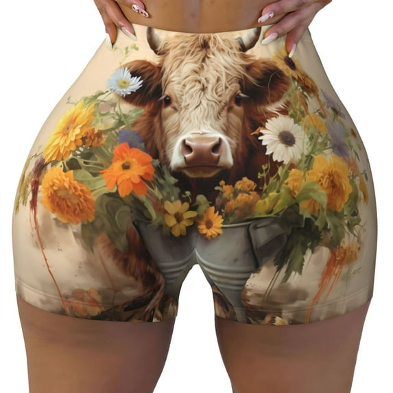 Fotbe Bucket Flower Cow Seamless Shorts, Womens Workout Shorts High Waist Stretch Booty Short for Gym/Yoga/Running/Biking-Medium