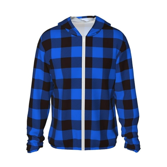 Fotbe Buffalo Plaid Blue Black Men's Women's UPF 50+ Sun Protection Jacket Hooded Cooling Shirt with Pockets Hiking Outdoor Performance-Medium