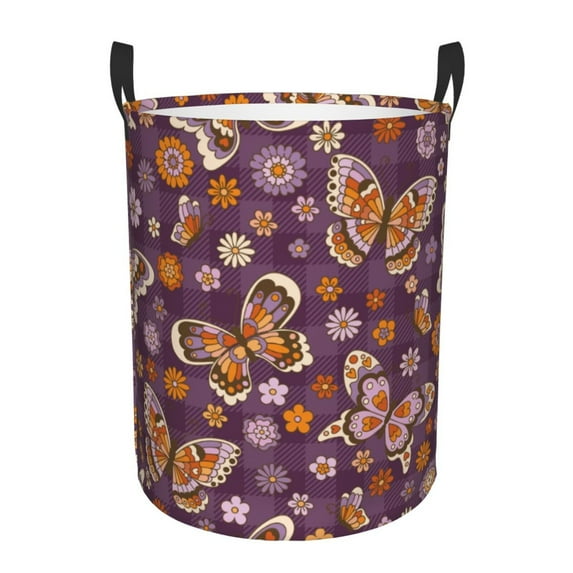 Fotbe Buffalo Plaid and Butterflys Laundry Basket with Handles, Waterproof Large Laundry Hamper, Wash Bag for Corner Dorm, Rolling Laundry Basket with Handles-Medium