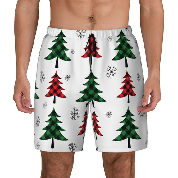 Fotbe Buffalo Plaid Christmas Trees Men’s Swim Trunks Quick Dry Swim Shorts Board Shorts with Mesh Lining-Medium