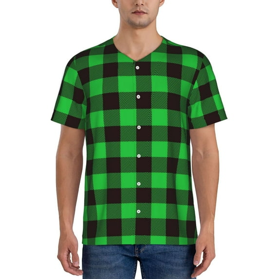 Fotbe Buffalo Plaid Green Black Baseball Jersey Shirt for Men and Women, Casual Short Sleeves Button Down T-Shirt-4X-Large