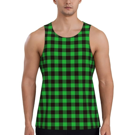 Fotbe Buffalo Plaid Green Black Pattern Men's Quick Dry Workout Tank Top Gym Muscle Tee Fitness Bodybuilding Sleeveless T Shirt Breathable Workout Shirt-X-Large
