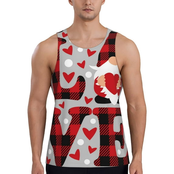 Fotbe Buffalo Plaid Love And Gnome Pattern Men's Quick Dry Workout Tank Top Gym Muscle Tee Fitness Bodybuilding Sleeveless T Shirt Breathable Workout Shirt-X-Large