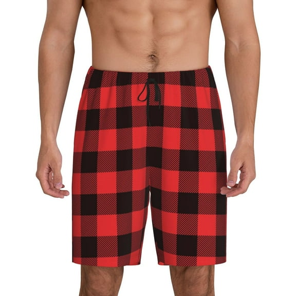Fotbe Buffalo Plaid Red Black Pajama Shorts for Men, Men's Pajama Bottoms, Sleepwear,Short Pajama Pants-Small