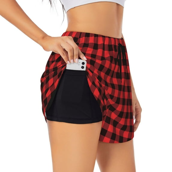 Fotbe Buffalo Plaid Red Black Womens High Waist Running Shorts Athletic Workout Quick Dry Shorts for Women with Pockets Gym Yoga Summer Shorts-X-Large