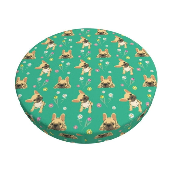 Fotbe Bulldog Puppy Flower Stool Covers Round,Waterproof Round Bar Stool Covers Bar Chair Covers Washable Stool Cushion Slipcover for 12-14 Inch Chair-13 inch