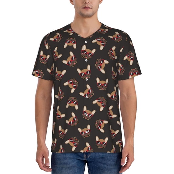 Fotbe Bulldog with Sunglasses Baseball Jersey Shirt for Men and Women, Casual Short Sleeves Button Down T-Shirt-X-Large