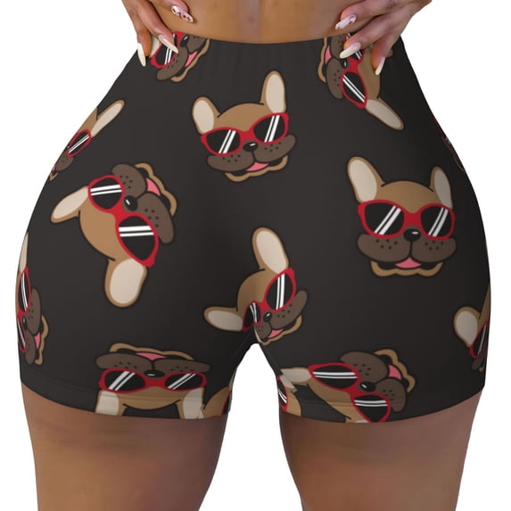 Fotbe Bulldog with Sunglasses Seamless Shorts, Womens Workout Shorts High Waist Stretch Booty Short for Gym/Yoga/Running/Biking-X-Large