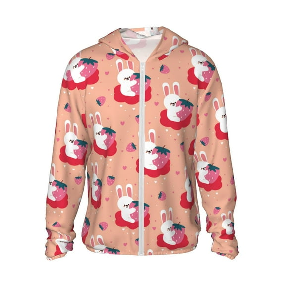 Fotbe Bunny And Strawberry Men's Women's UPF 50+ Sun Protection Jacket Hooded Cooling Shirt with Pockets Hiking Outdoor Performance-X-Large