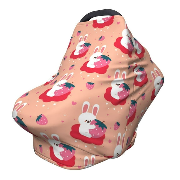 Fotbe Bunny And Strawberry Pattern Car Seat Covers for Babies, Nursing Breastfeeding Cover Infant Carseat Canopy, Soft Stretchy Carrier Cover